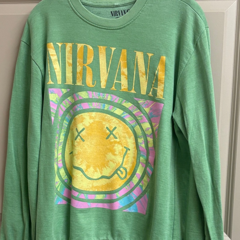 NIRVANA Green Sweatshirt with Yellow and Pink Graphic